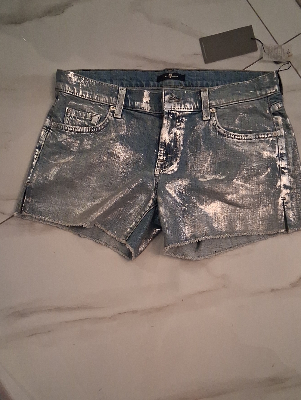 7 For All Mankind Silver Metallic Denim Cutoff Shorts